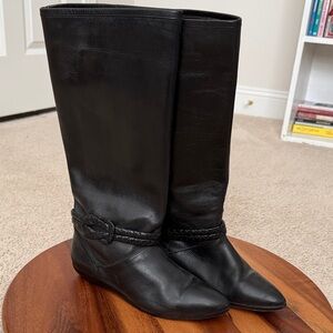 Etienne Aigner Black Heeled Boots. Low heel. 14” high